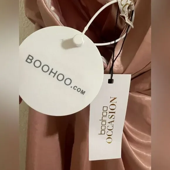 NWT boohoo Occasion One Shoulder Drape Mini Dress Champagne Pink Satin Size 6 S - Picture 5 of 10